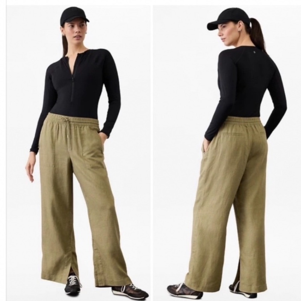 Athleta Retreat Linen High Rise Wide Leg Pant Olive Green M/P 851038-19